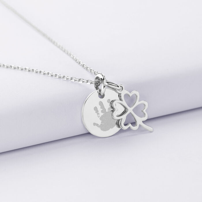Pendentif personnalisé médaille gravée argent 15 mm et breloque trèfle ajouré 15 mm - Empreinte