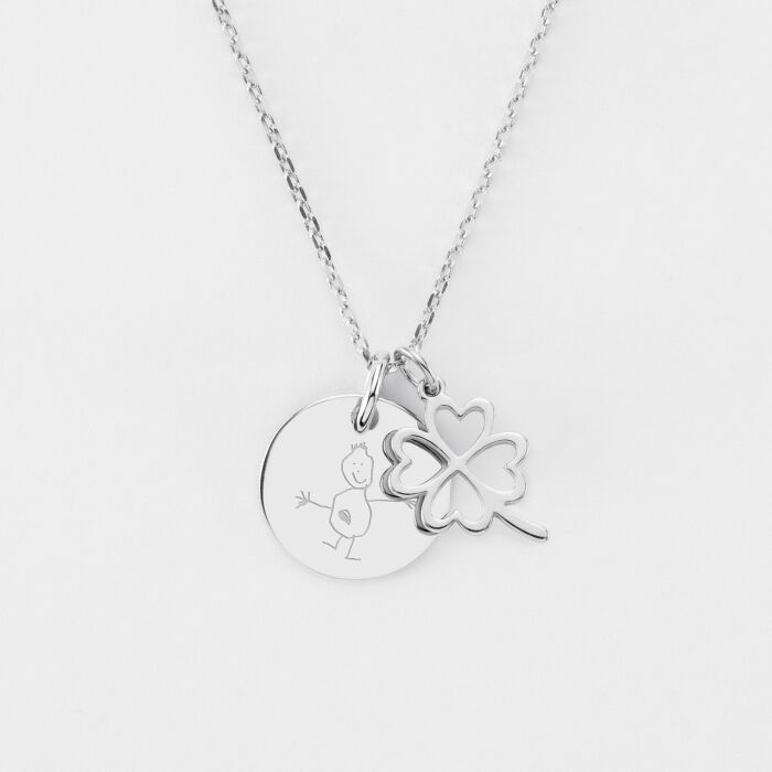 Pendentif personnalisé médaille gravée argent 15 mm et breloque trèfle ajouré 15 mm - Dessin