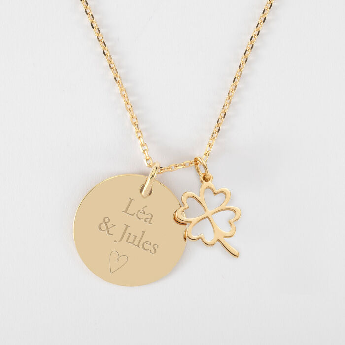 Pendentif personnalisé médaille gravée plaqué or 19 mm et breloque trèfle ajouré 15 mm - Texte pictogramme