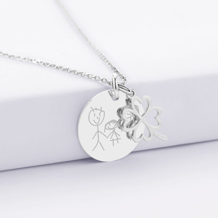 Pendentif personnalisé médaille gravée argent 19 mm et breloque trèfle ajouré 15 mm - dessin