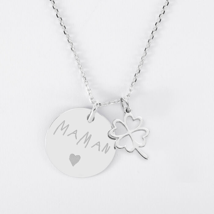 Pendentif personnalisé médaille gravée argent 19 mm et breloque trèfle ajouré 15 mm - écrit