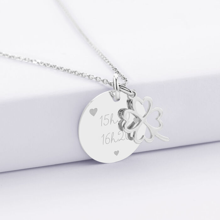 Pendentif personnalisé médaille gravée argent 19 mm et breloque trèfle ajouré 15 mm - texte pictogramme