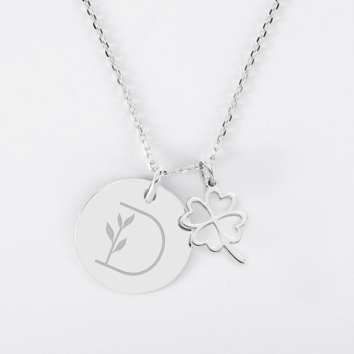 Pendentif personnalisé médaille gravée argent 19 mm et breloque trèfle ajouré 15 mm - illustration