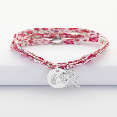 Bracelet 3 tours Liberty personnalisé médaille gravée argent 15 mm et breloque trèfle ajouré 15 mm - empreinte