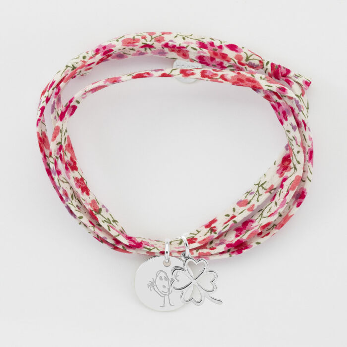 Bracelet 3 tours Liberty personnalisé médaille gravée argent 15 mm et breloque trèfle ajouré 15 mm - dessin