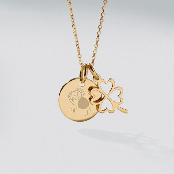Pendentif enfant personnalisé médaille gravée plaqué or 15 mm et breloque trèfle ajouré 15 mm - dessin