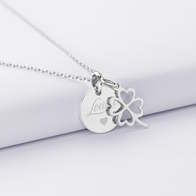 Pendentif enfant personnalisé médaille gravée argent 15 mm et breloque trèfle ajouré 15 mm - texte pictogramme