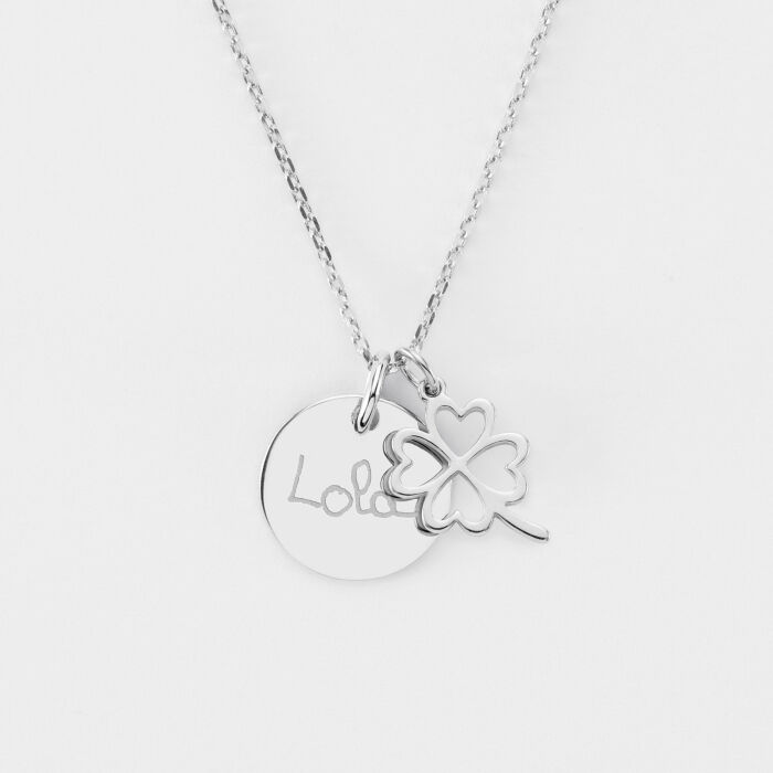 Pendentif enfant personnalisé médaille gravée argent 15 mm et breloque trèfle ajouré 15 mm - écrit