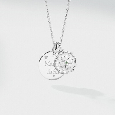 Pendentif personnalisé médaille gravée argent 15 mm et breloque trèfle mini zircon vert 10 mm - texte pictogramme