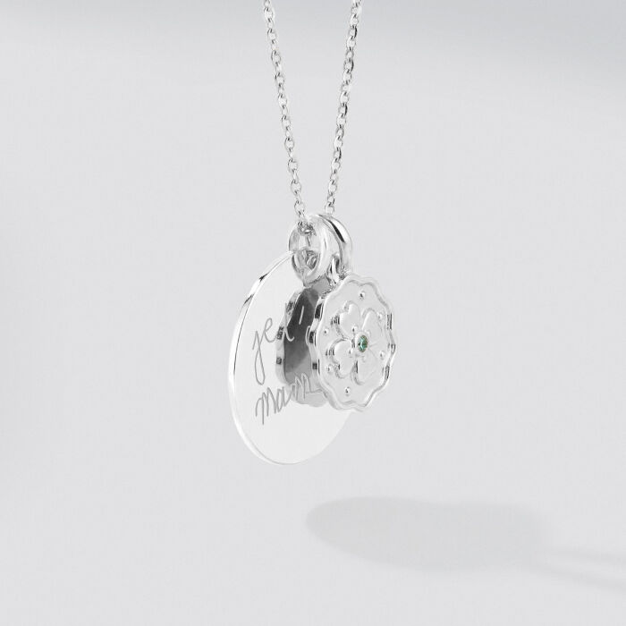 Pendentif personnalisé médaille gravée argent 19 mm et breloque trèfle mini zircon vert 10 mm - écrit