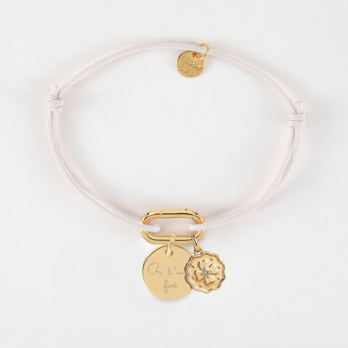 Bracelet personnalisé cordon mousqueton 17x11 mm médaille gravée plaqué or 15 mm et breloque trèfle mini zircon vert 10 mm - écrit