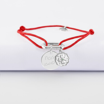 Bracelet personnalisé cordon mousqueton 17x11 mm médaille gravée argent 15 mm et breloque trèfle mini zircon vert 10 mm - écrit