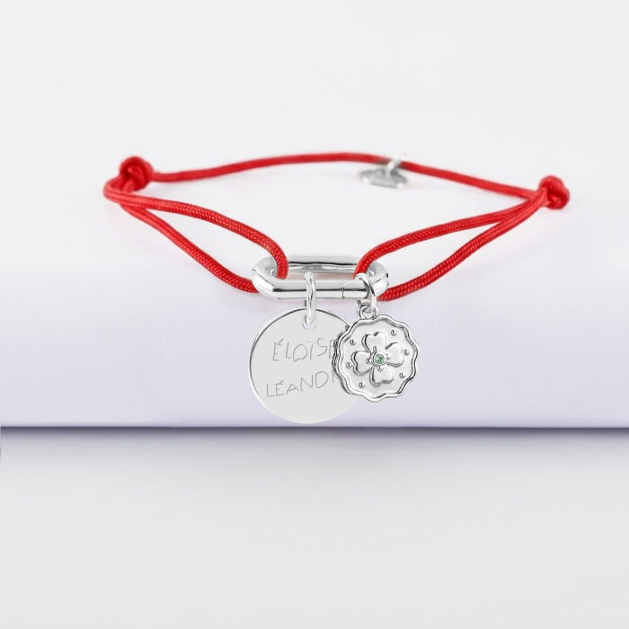 Bracelet personnalisé cordon mousqueton 17x11 mm médaille gravée argent 15 mm et breloque trèfle mini zircon vert 10 mm - écrit