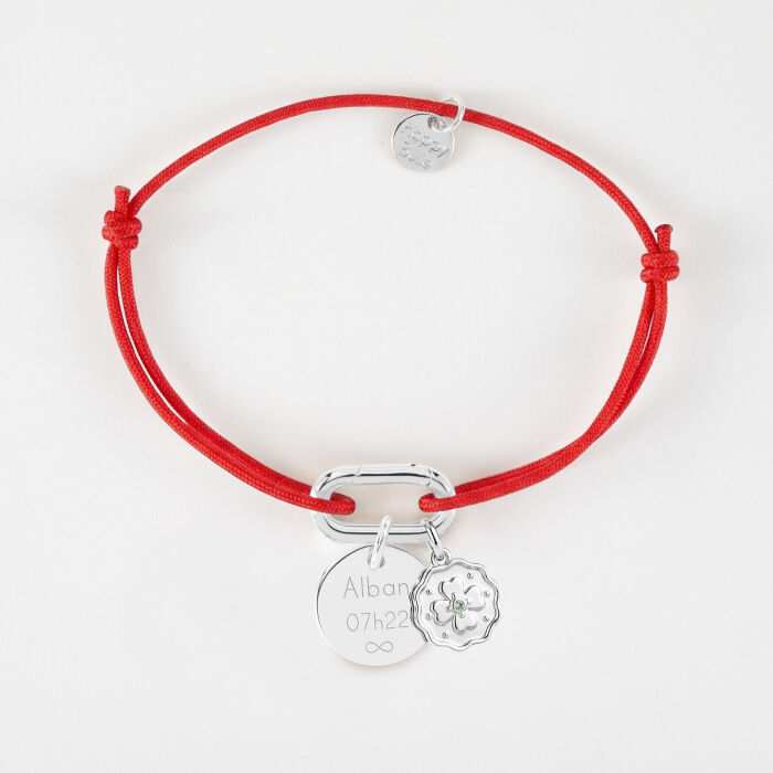 Bracelet personnalisé cordon mousqueton 17x11 mm médaille gravée argent 15 mm et breloque trèfle mini zircon vert 10 mm - texte pictogramme