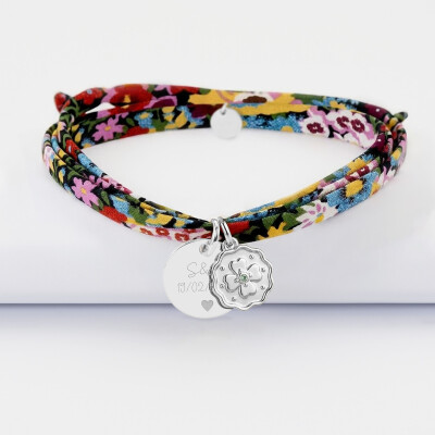 Bracelet 3 tours Liberty personnalisé médaille gravée argent 15 mm et breloque trèfle mini zircon vert 10 mm - texte pictogramme