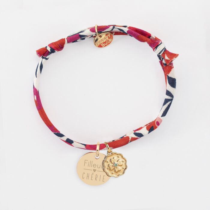 Bracelet enfant Liberty personnalisé médaille gravée plaqué or 15 mm et breloque trèfle mini zircon vert 10 mm - illustration