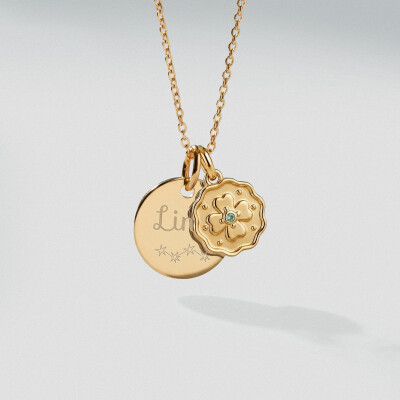 Pendentif enfant personnalisé médaille gravée plaqué or 15 mm et breloque trèfle mini zircon vert 10 mm - texte pictogramme