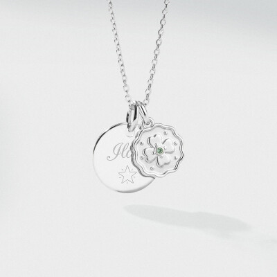 Pendentif enfant personnalisé médaille gravée argent 15 mm et breloque trèfle mini zircon vert 10 mm - texte pictogramme