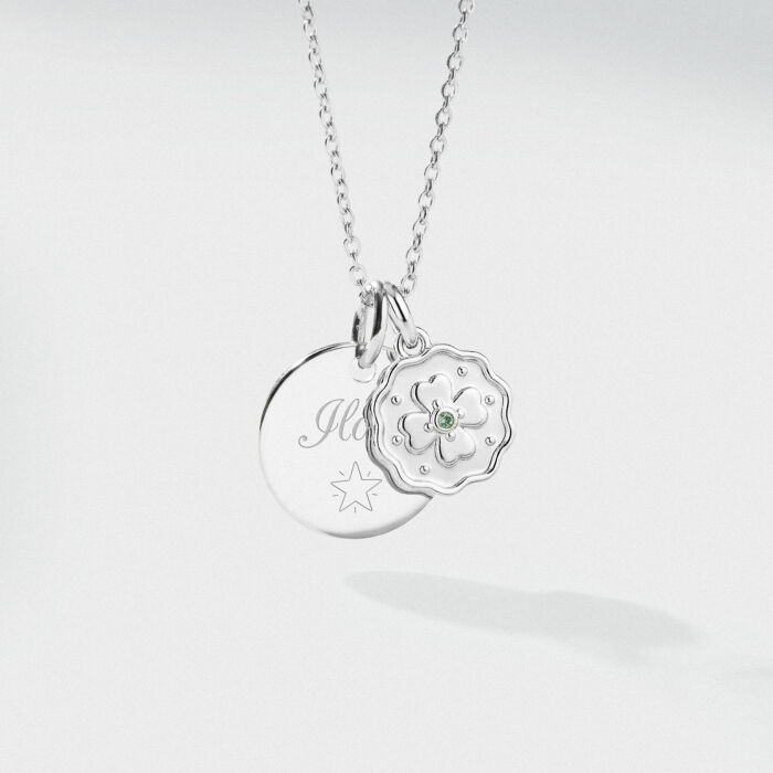 Pendentif enfant personnalisé médaille gravée argent 15 mm et breloque trèfle mini zircon vert 10 mm - texte pictogramme