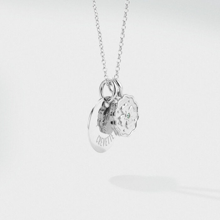 Pendentif enfant personnalisé médaille gravée argent 15 mm et breloque trèfle mini zircon vert 10 mm - illustration