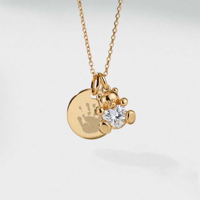 Pendentif personnalisé médaille gravée plaqué or 15 mm et breloque ourson coeur zircon 11 mm - empreinte