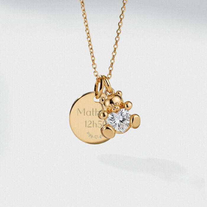 Pendentif personnalisé médaille gravée plaqué or 15 mm et breloque ourson coeur zircon 11 mm - texte picto