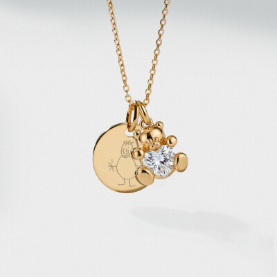 Pendentif enfant personnalisé médaille gravée plaqué or 15 mm et breloque ourson coeur zircon 11 mm - dessin