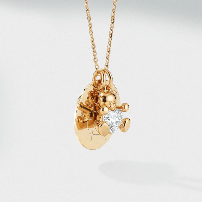 Pendentif personnalisé médaille gravée plaqué or 19 mm et breloque ourson coeur zircon 11 mm - dessin