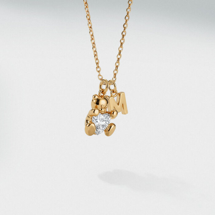 Pendentif enfant ourson coeur zircon plaqué or 11 mm et breloque lettre initiale 5 mm - Biais