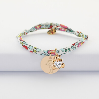 Bracelet enfant Liberty personnalisé médaille gravée plaqué or 15 mm et breloque ourson coeur zircon 11 mm - dessin