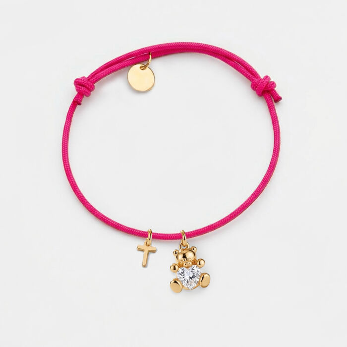 Bracelet enfant personnalisé médaille plaqué or lettre initiale 5 mm et breloque ourson coeur zircon 11 mm - T
