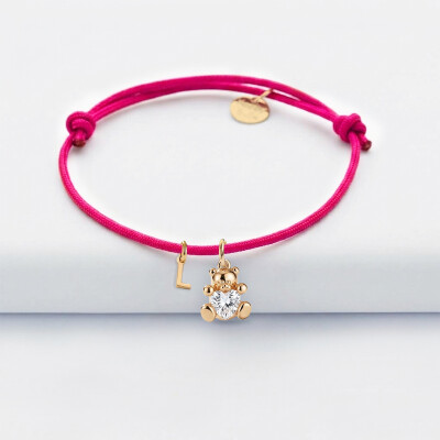 Bracelet enfant personnalisé médaille plaqué or lettre initiale 5 mm et breloque ourson coeur zircon 11 mm - L