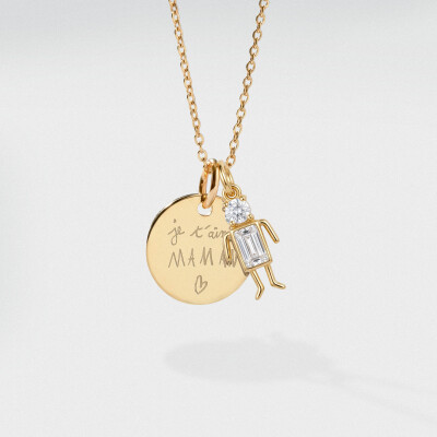 Pendentif personnalisé médaille gravée plaqué or 15 mm et breloque silhouette scintillante - écrit