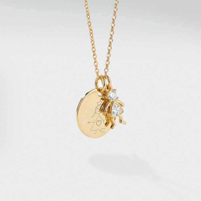 Pendentif personnalisé médaille gravée plaqué or 15 mm et breloque silhouette scintillante - dessin