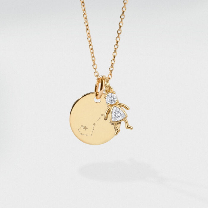 Pendentif personnalisé médaille gravée plaqué or 15 mm et breloque silhouette scintillante - illustration