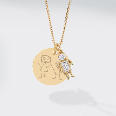 Pendentif personnalisé médaille gravée plaqué or 19 mm et breloque silhouette scintillante - dessin