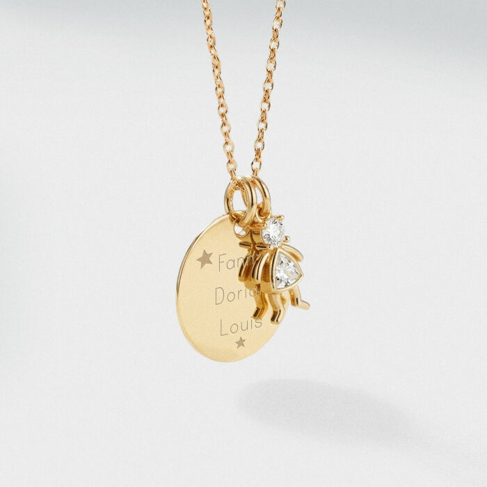 Pendentif personnalisé médaille gravée plaqué or 19 mm et breloque silhouette scintillante - texte pictogramme