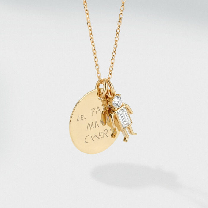 Pendentif personnalisé médaille gravée plaqué or 19 mm et breloque silhouette scintillante - écrit