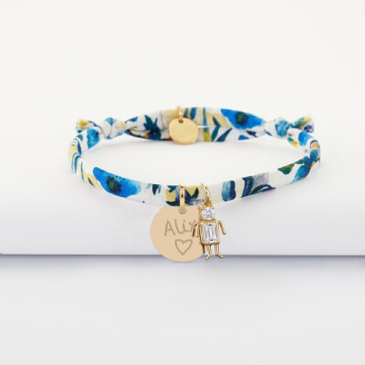 Bracelet enfant Liberty personnalisé médaille gravée plaqué or 15 mm et breloque silhouette scintillante - écrit