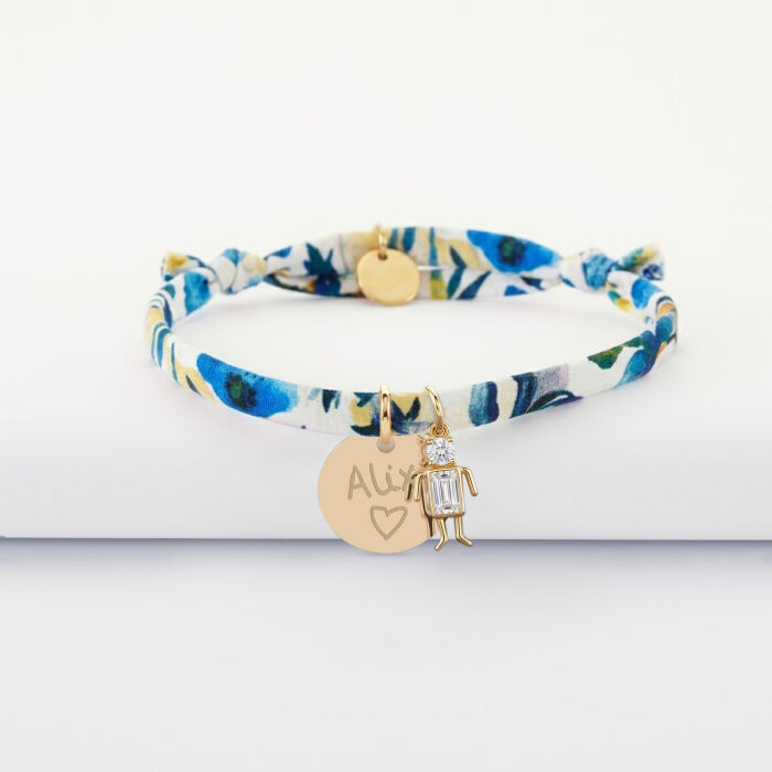 Bracelet enfant Liberty personnalisé médaille gravée plaqué or 15 mm et breloque silhouette scintillante - écrit