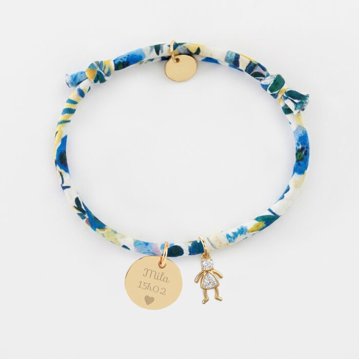 Bracelet enfant Liberty personnalisé médaille gravée plaqué or 15 mm et breloque silhouette scintillante - texte pictogramme