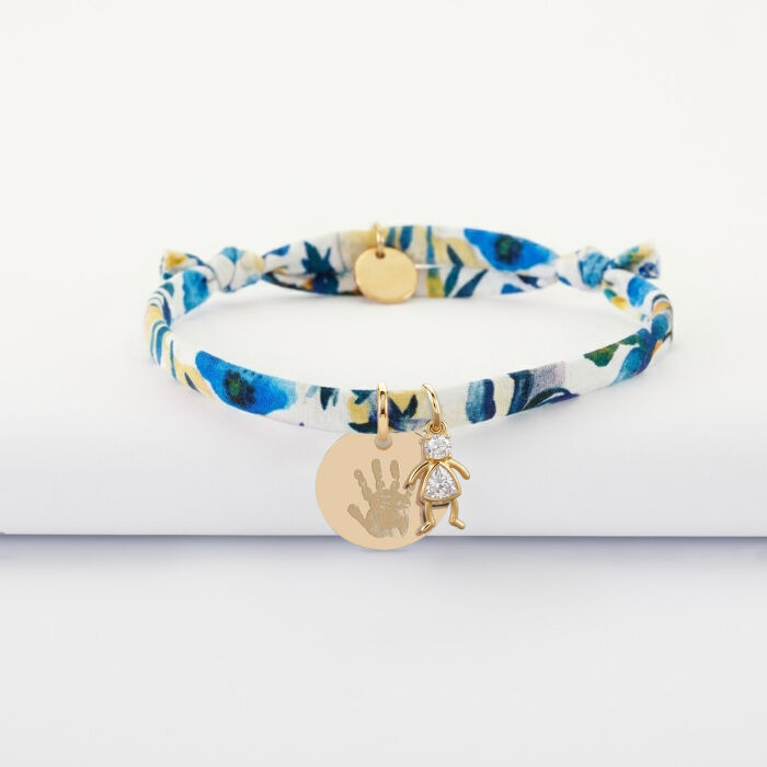 Bracelet enfant Liberty personnalisé médaille gravée plaqué or 15 mm et breloque silhouette scintillante - empreinte