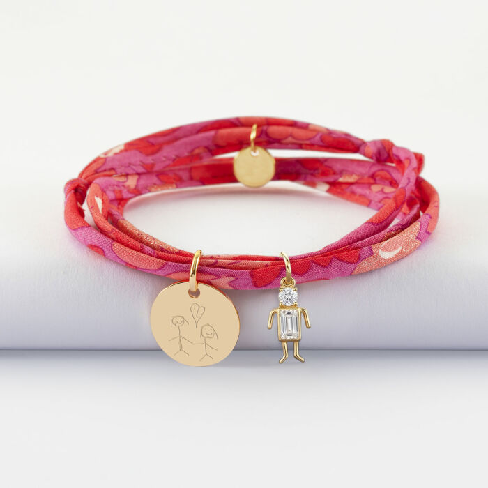 Bracelet 3 tours Liberty personnalisé médaille gravée plaqué or 15 mm et breloque silhouette scintillante - dessin