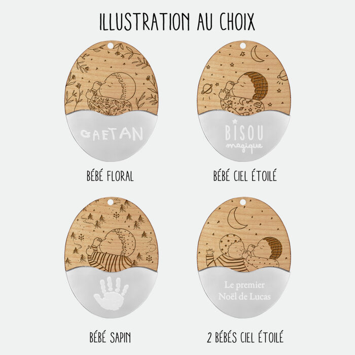 Boule de Noël personnalisée Bébé bois gravé - HappyBulle x MyLovelyThing - choix illustration