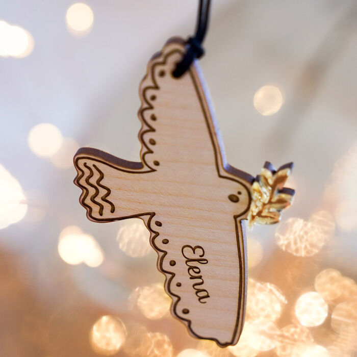 Boule de Noël personnalisée Colombe bois gravé - HappyBulle x MyLovelyThing - ambiance colombe
