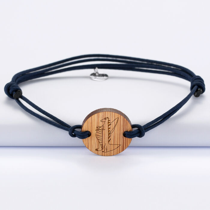 Bracelet homme personnalisé médaille gravée bois ronde 2 trous 21 mm - dessin