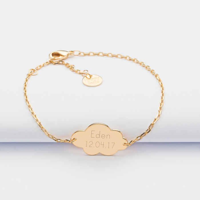Bracelet chaîne enfant personnalisé médaille gravée plaqué or nuage 2 trous 20x14 mm - date naissance