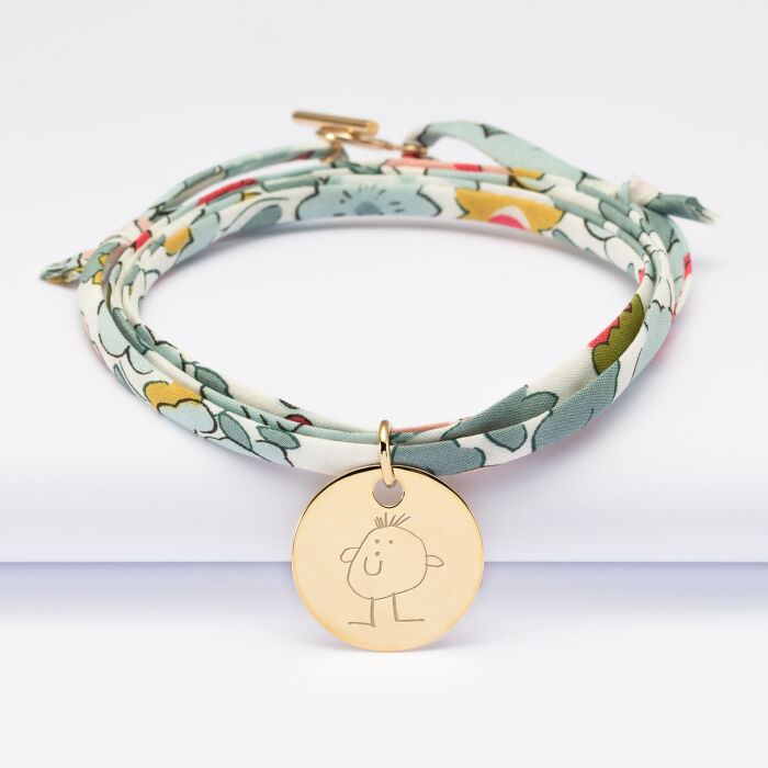 Personalised 3 turn Liberty bracelet with personalised engraved gold plated medallion 19 mm - sketch