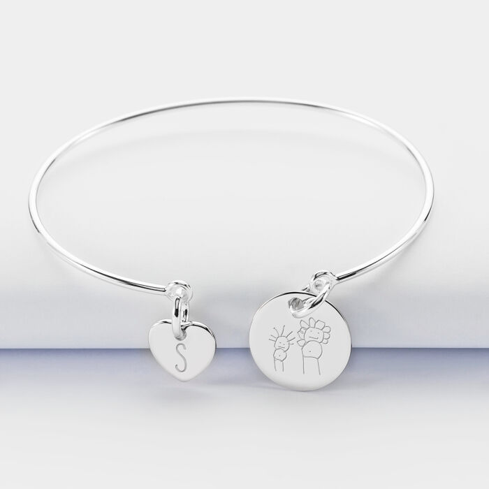 Personalised silver engraved 15mm bangle and heart 10mm charm - sketch