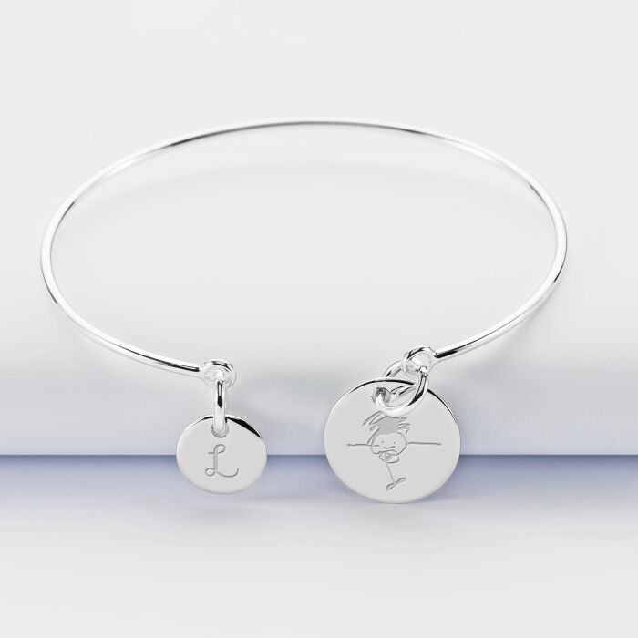 Bracelet personnalisé jonc argent médaille gravée 15 mm et breloque ronde 10 mm - dessin